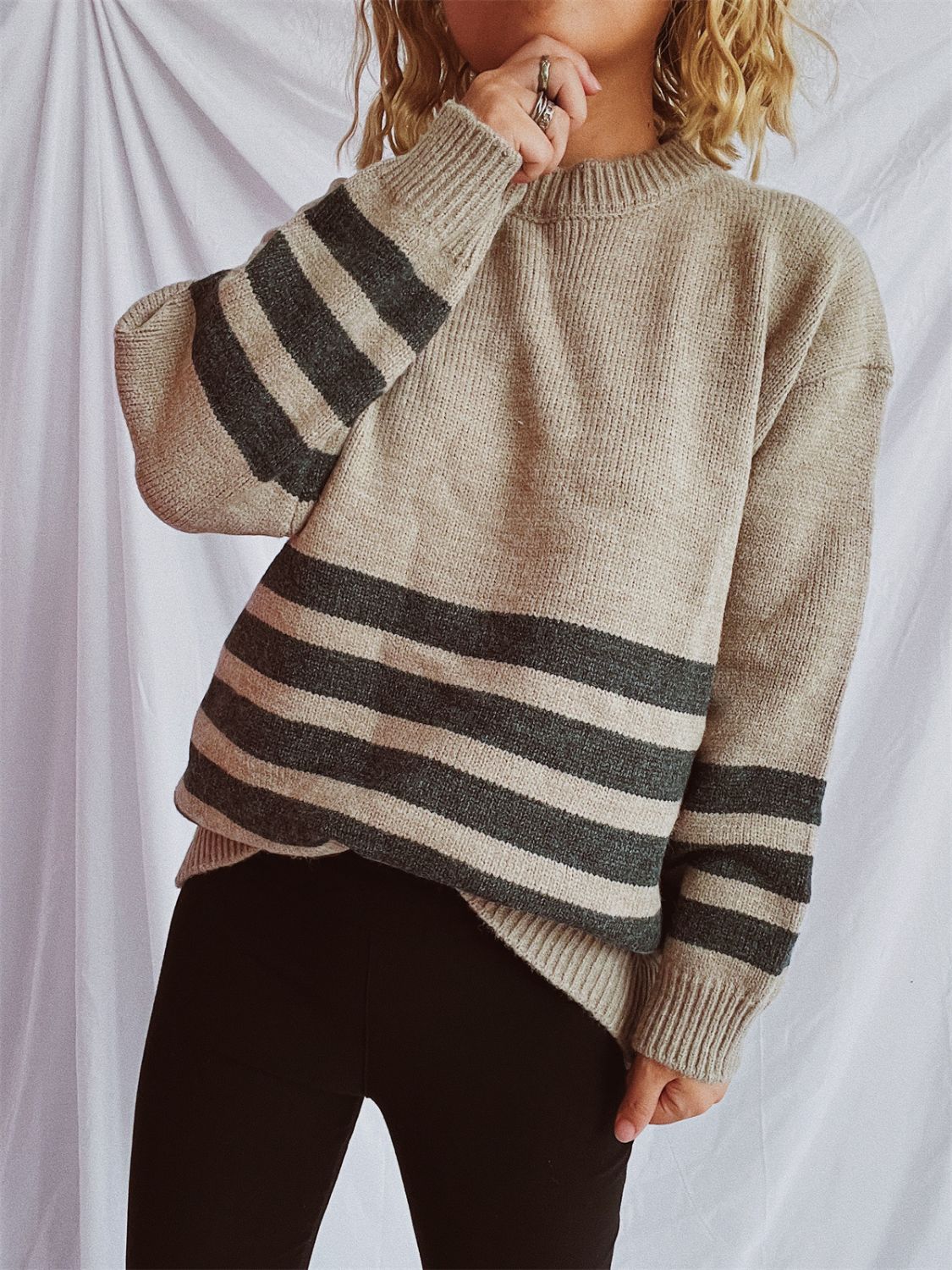 Horizontal stripe ribbed knit sweater in Mocha