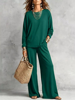 two-piece set in Army Green with pocketed and hip-length top, full-length pants