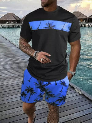 Men's Tropical Palm Tree Tee And Shorts Set in Dark Green