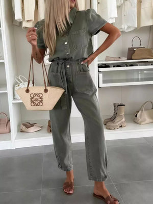 Vintage Wash Short Sleeve Denim Jumpsuit in Milky White with buttoned