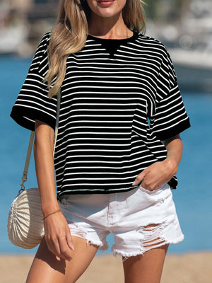 Black ribbed half sleeve crew neck tee