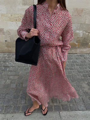 red shirt dress featuring buttoned and ditsy floral