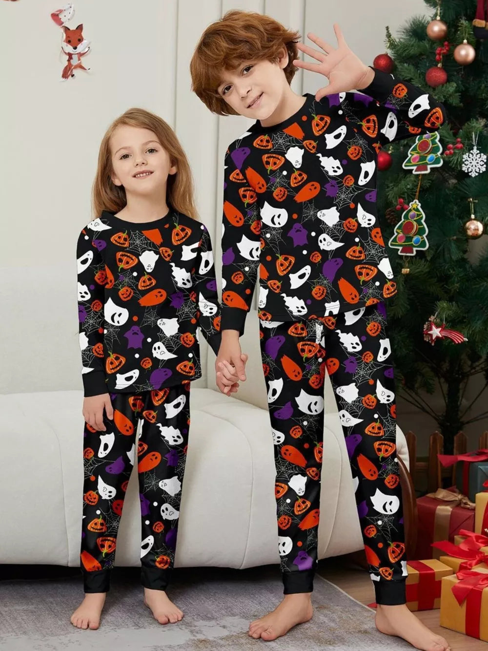 pajama set featuring novelty print in orange with 95% polyester, 5% spandex Care instructions: Machine wash cold texture