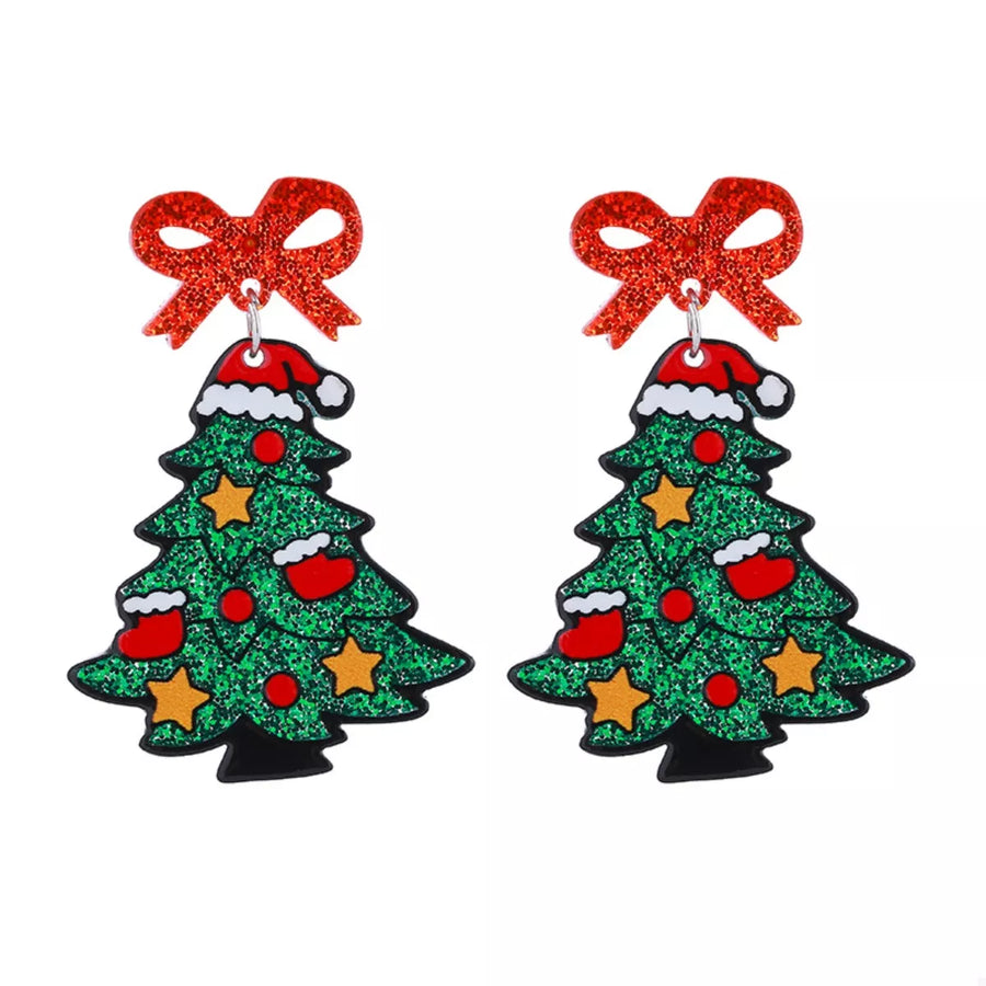 Festive Christmas tree dangle earrings with red bows and glittery green trees.