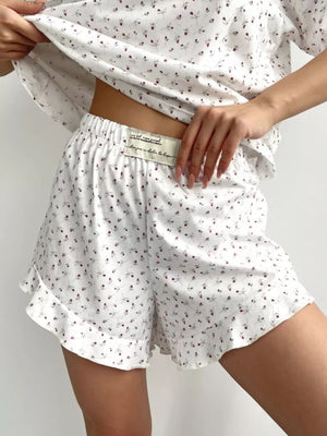 pajama set in Blue with ditsy floral and ruffled