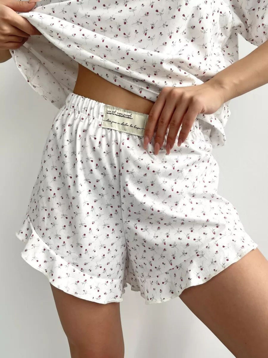 pajama set in Blue with ditsy floral and ruffled