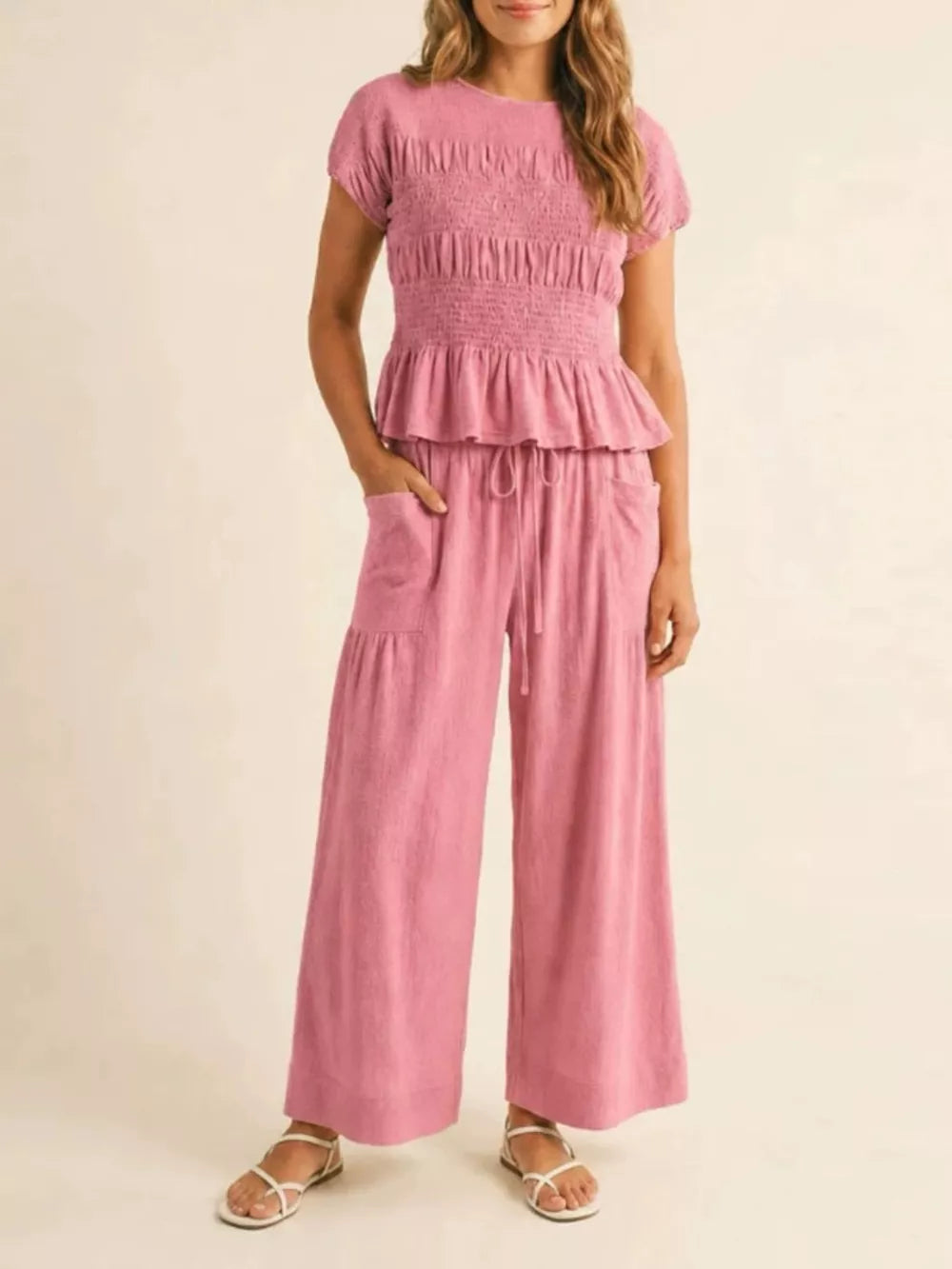 Terracotta Smocked Peplum Top And Wide-leg Pants Set