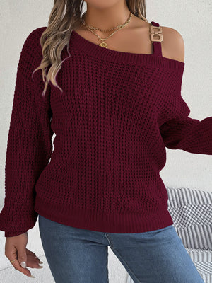 Asymmetrical Neck Long Sleeve Sweater in White