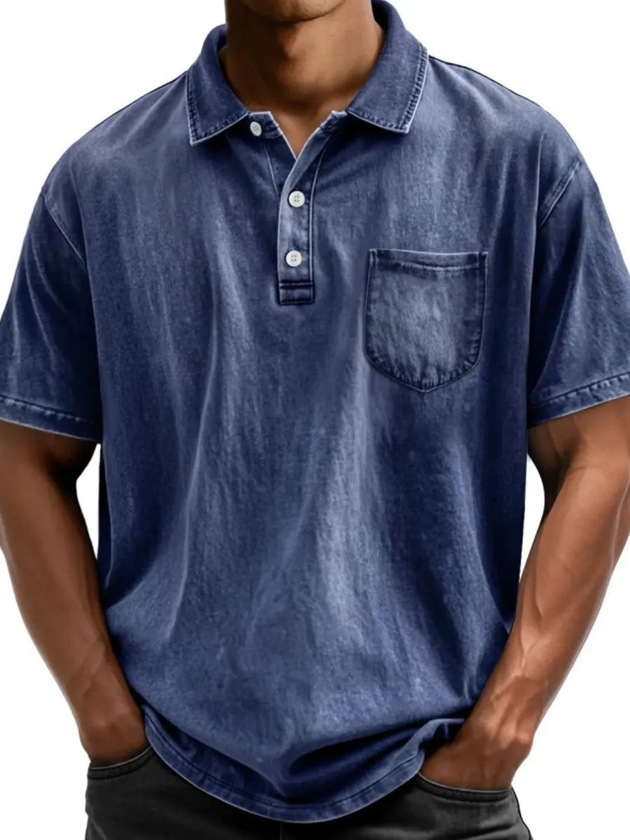 Relaxed fit polo shirt in blue acid wash with chest pocket and button placket.