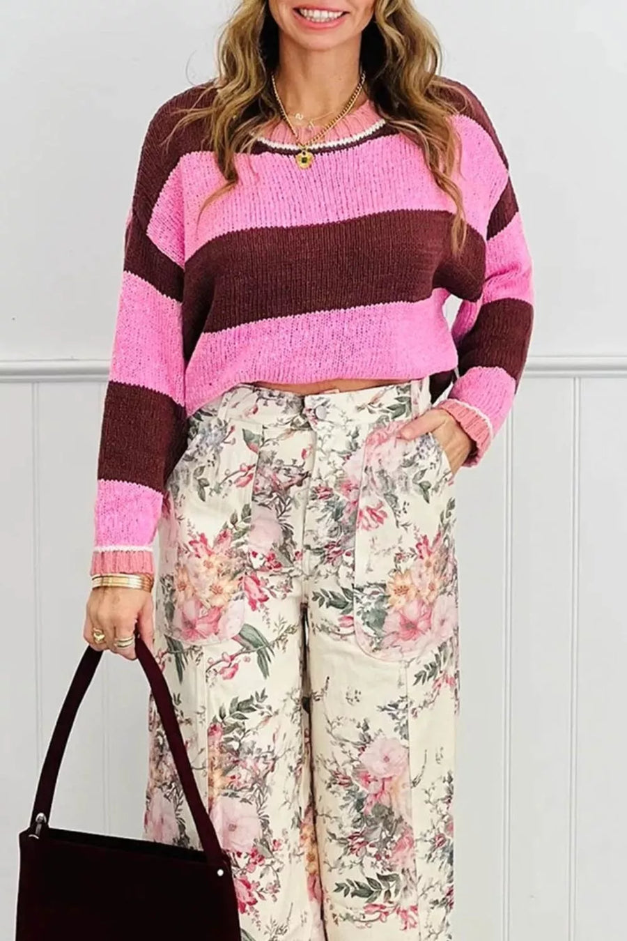 chocolate brown pullover sweater featuring drop shoulder and striped