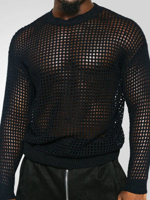Black open-knit crewneck sweater with a sheer, mesh pattern.