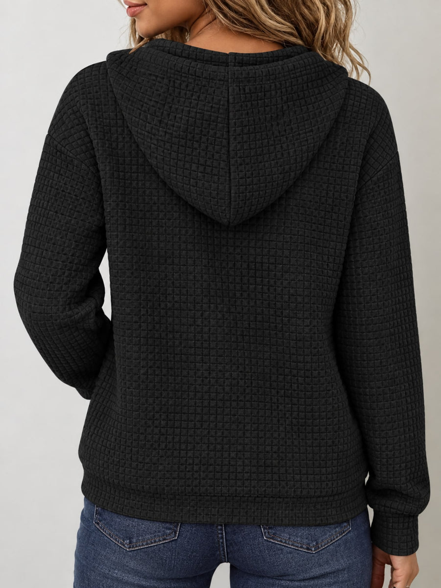 Polyester (90% to less than 95%) blended with spandex zip hoodie in Black with relaxed silhouette