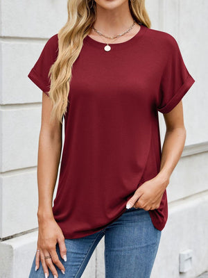 Burgundy crew neck t-shirt with cuffed sleeves and a relaxed fit.