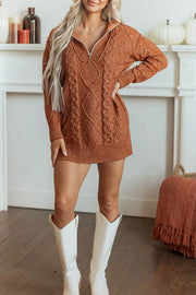rust sweater dress with cable knit and collared