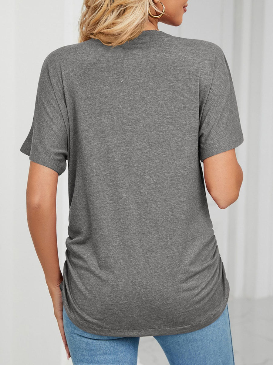 Grey V-neck t-shirt with short sleeves and ruched side detail.