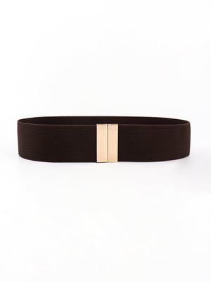 Chocolate wide elastic belt with gold clasp detail.