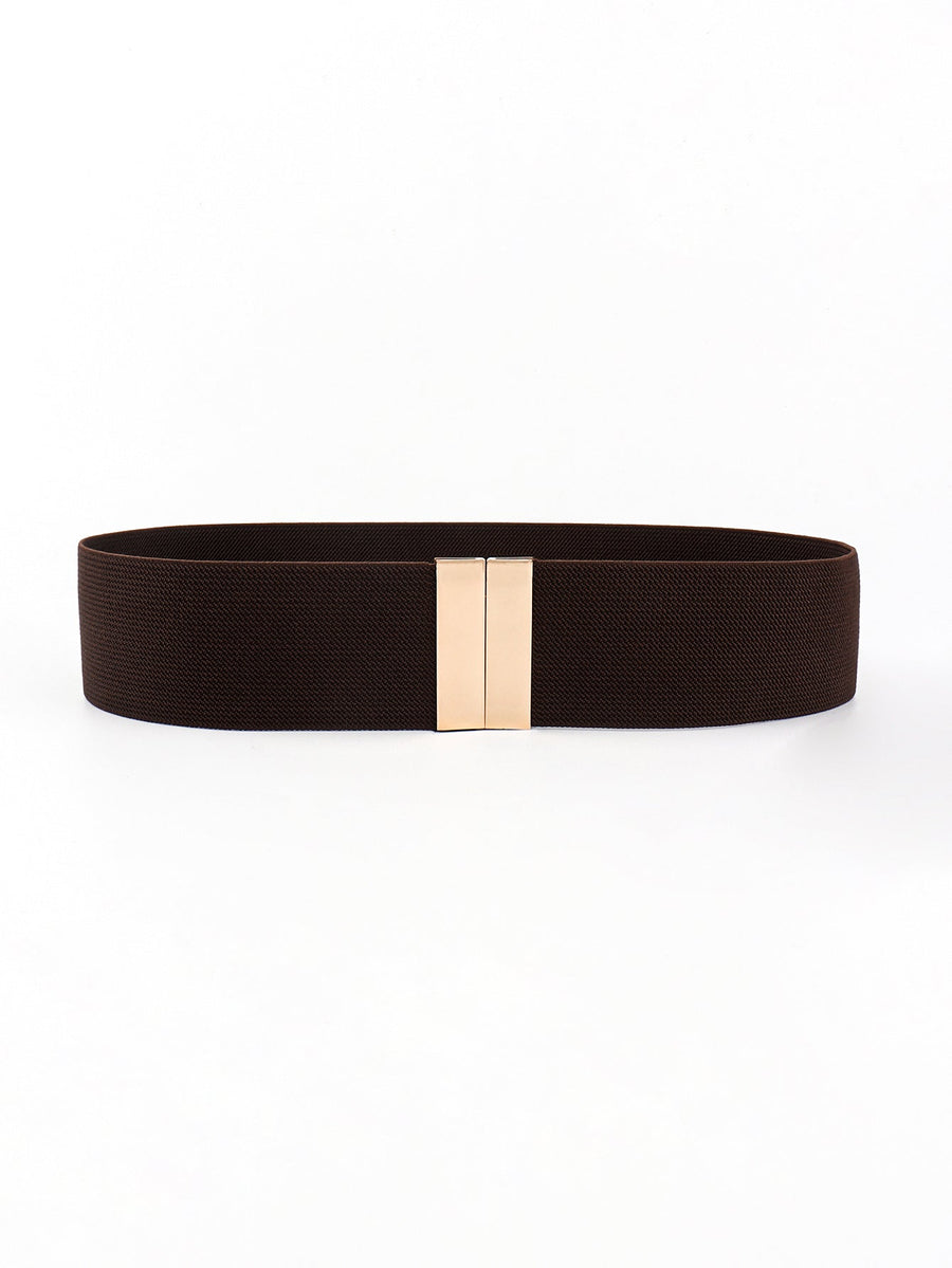 Chocolate wide elastic belt with gold clasp detail.