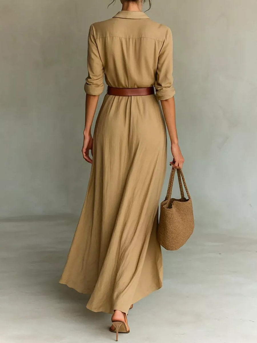 Navy Blue Elegant V-neck Ruched Maxi Dress With Belt