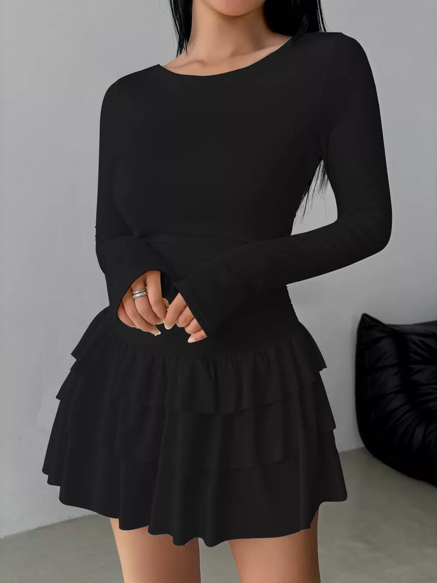 Ruched Long Sleeve Layered Ruffle Mini Dress in Red, view 11