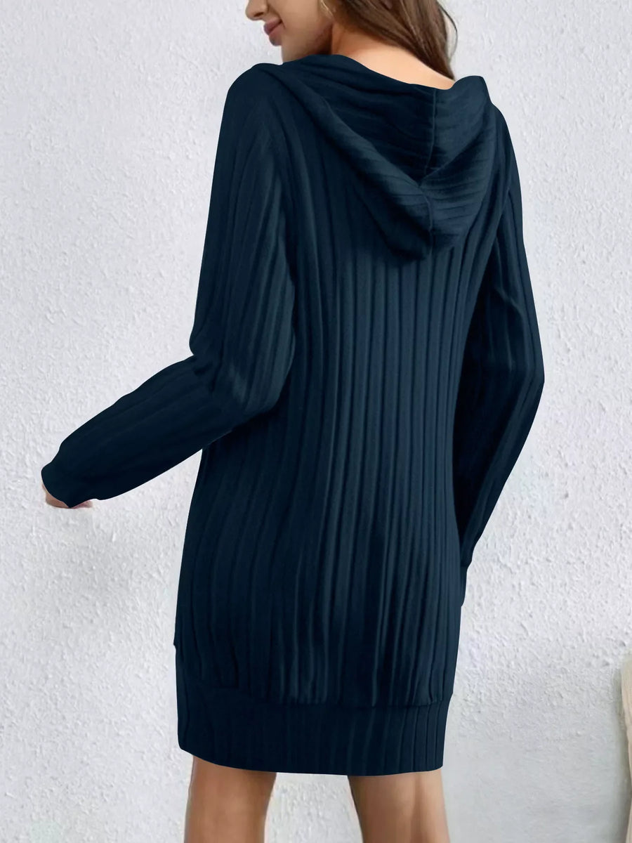 Navy ribbed knit hoodie dress with long sleeves and a drawstring hood.