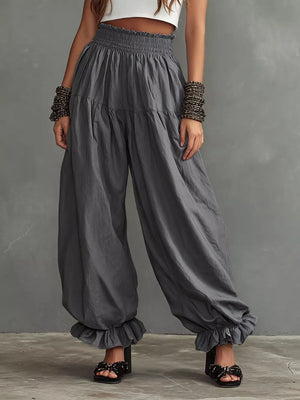Black with Full Size Smocked Ruffle Hem Wide Leg Pants