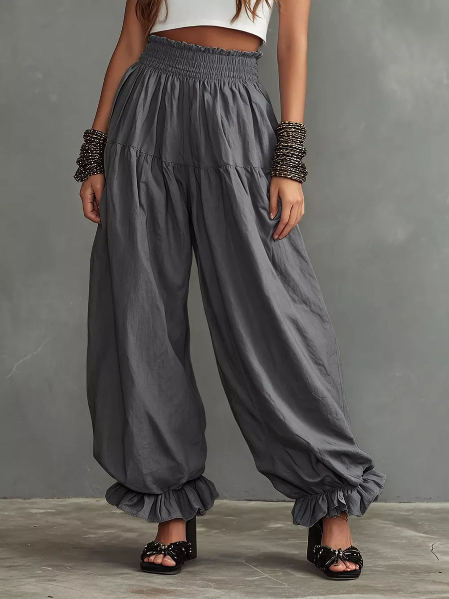 Black with Full Size Smocked Ruffle Hem Wide Leg Pants