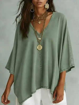 V-neck Batwing Sleeve T-shirt in Black