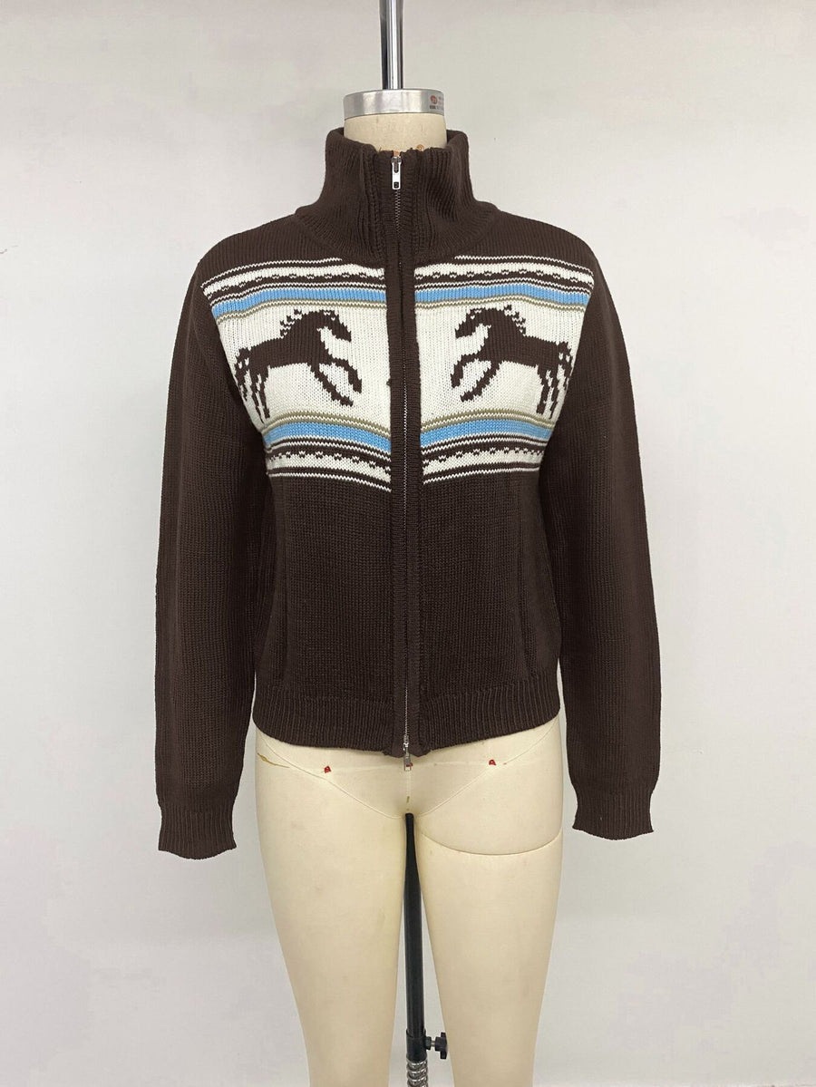 light blue zip-up sweater with zip-front and horse motif