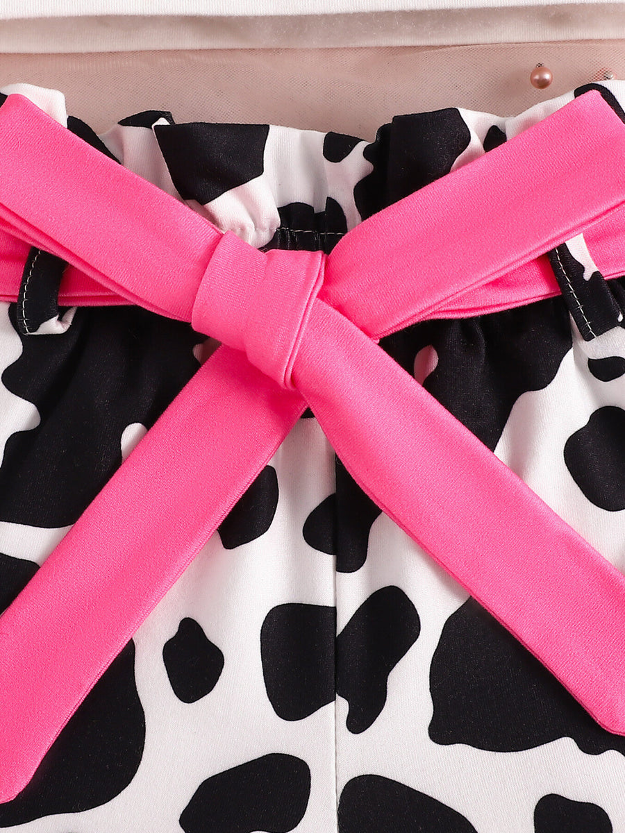 Baby cow print tank and shorts set with pink bow detail
