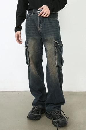 Faded wash dark wide-leg cargo jeans with multiple pockets.