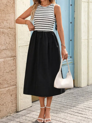 White with Striped Knit Tank Midi Dress in White