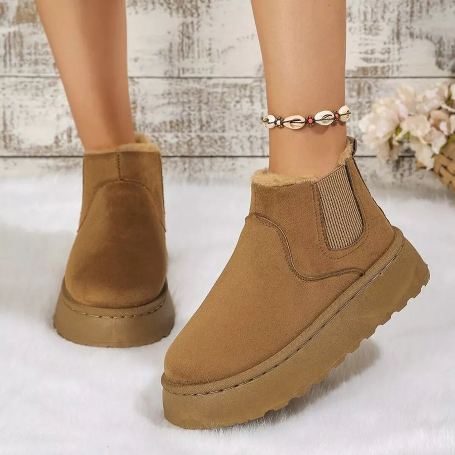 Caramel suede round toe platform ankle boots with faux fur lining and elastic side panels.