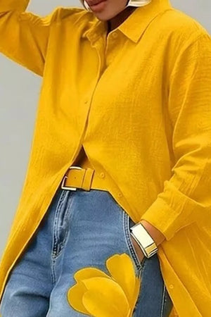 Button Up Long Sleeve Longline Shirt in Gold