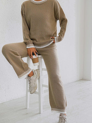 100% polyester Care instructions: Machine wash cold sweater and pants set in Taupe with relaxed silhouette