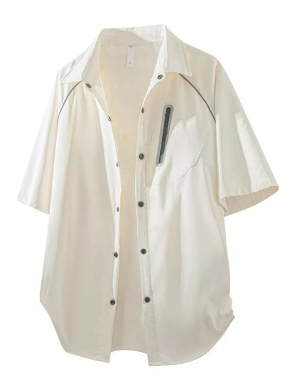 Cream oversized button-front short sleeve overshirt with zipper pocket detail