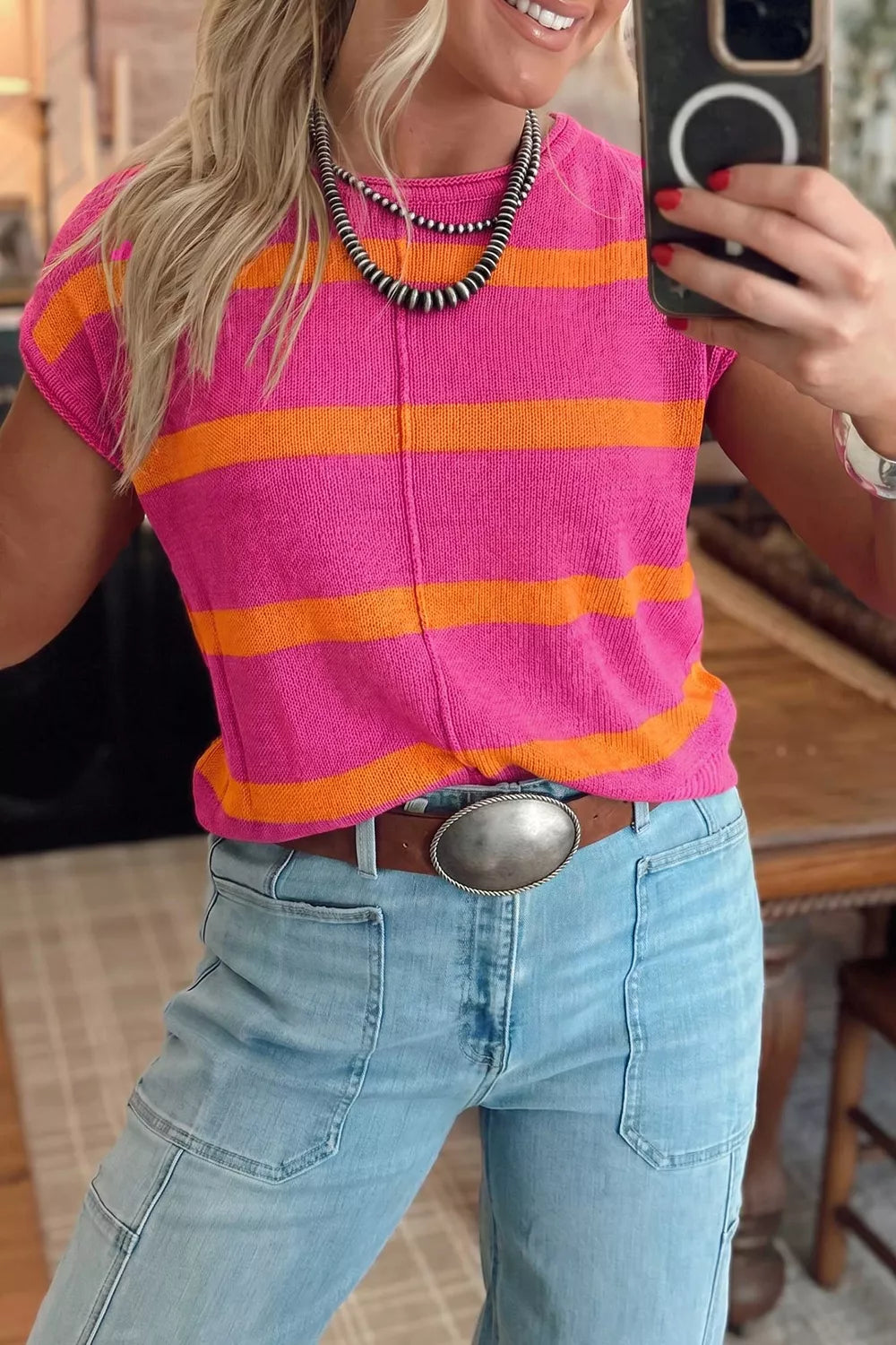 hot pink pullover sweater with striped and crew neck