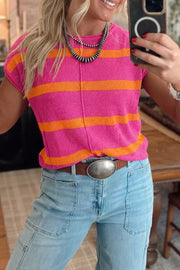 hot pink pullover sweater with striped and crew neck