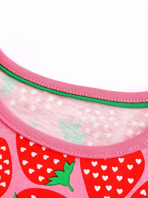 Toddler dress with strawberry print, pink cotton blend, round neckline with pink and green trim.