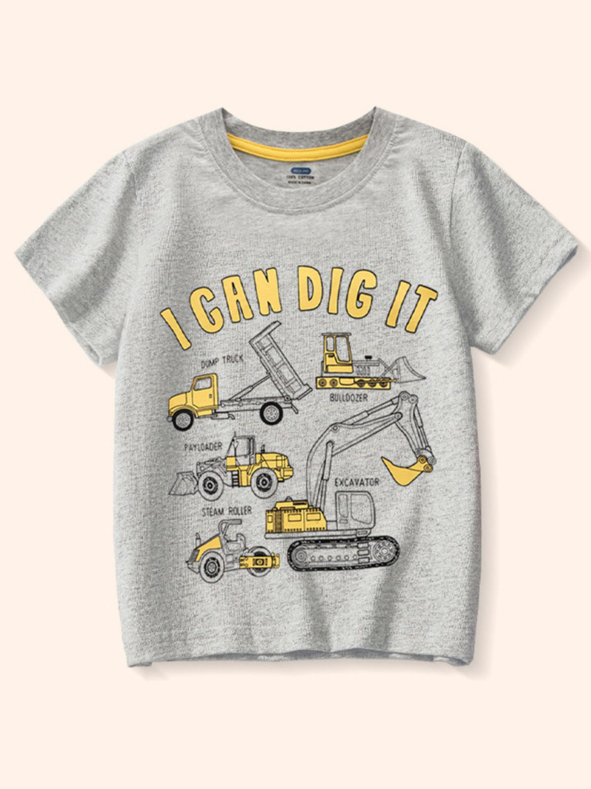 Grey cotton t-shirt with yellow construction vehicles and "I CAN DIG IT" graphic.