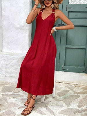 Red halter-detail flowing midi dress with V-neck and a-line cut