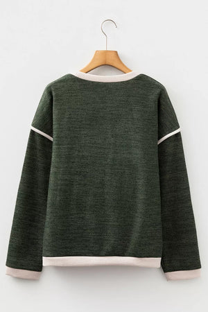 olive green pullover sweater with graphic print and long sleeve