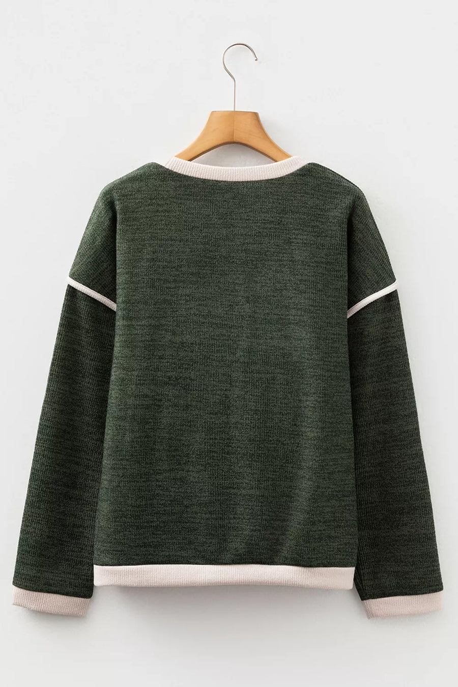 olive green pullover sweater with graphic print and long sleeve