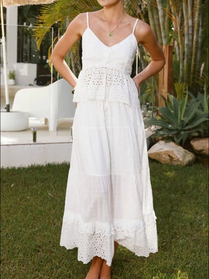 White eyelet lace cami set with tiered maxi skirt and adjustable straps.