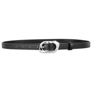 Black cowhide leather belt with unique silver buckle