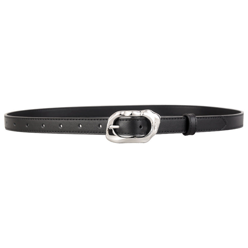 Black cowhide leather belt with unique silver buckle