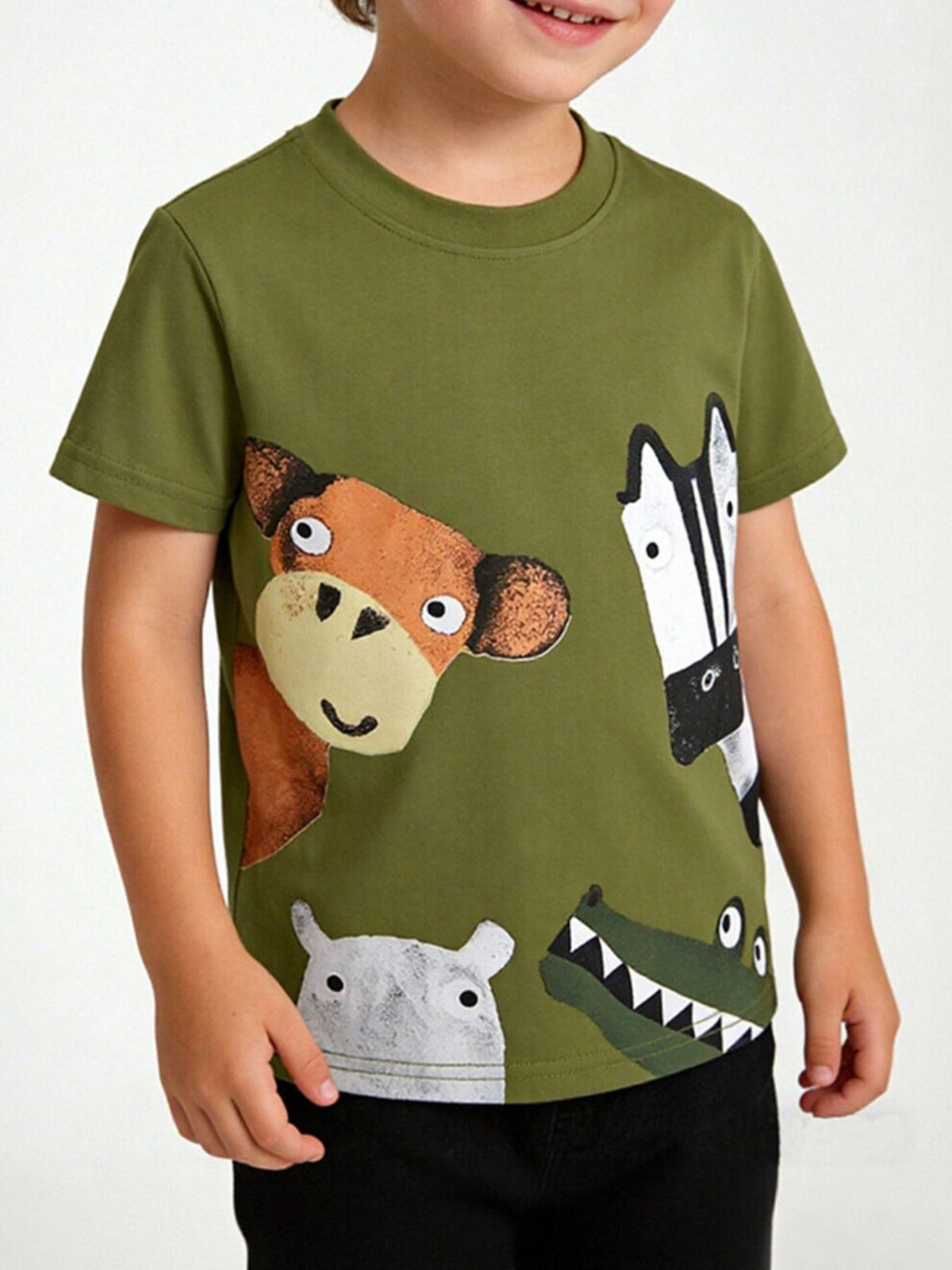 Green crew neck t-shirt with playful cartoon animal print including monkey, zebra, hippo, and crocodile.