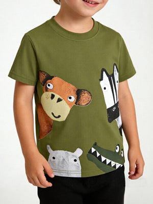 Green crew neck t-shirt with playful cartoon animal print including monkey, zebra, hippo, and crocodile.