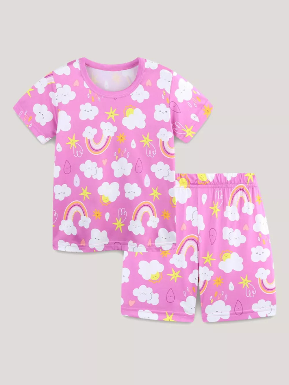 Pink girls' long johns set with clouds, rainbows, and suns pattern.