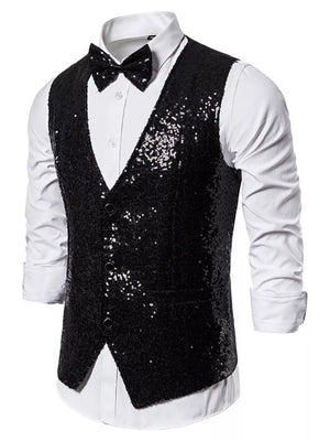 Black sequin men's slim-fit vest with a V-neck and button closure, styled with a white shirt and bow tie.
