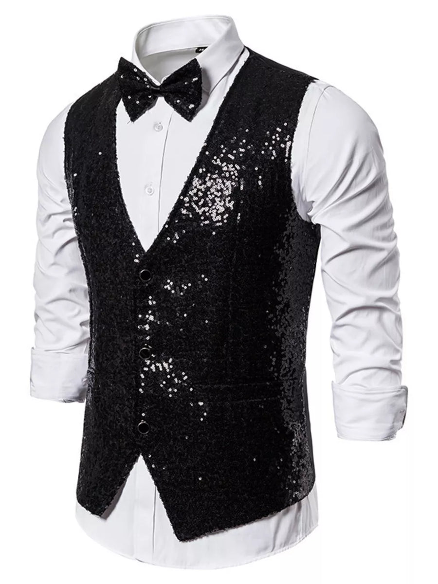Black sequin men's slim-fit vest with a V-neck and button closure, styled with a white shirt and bow tie.